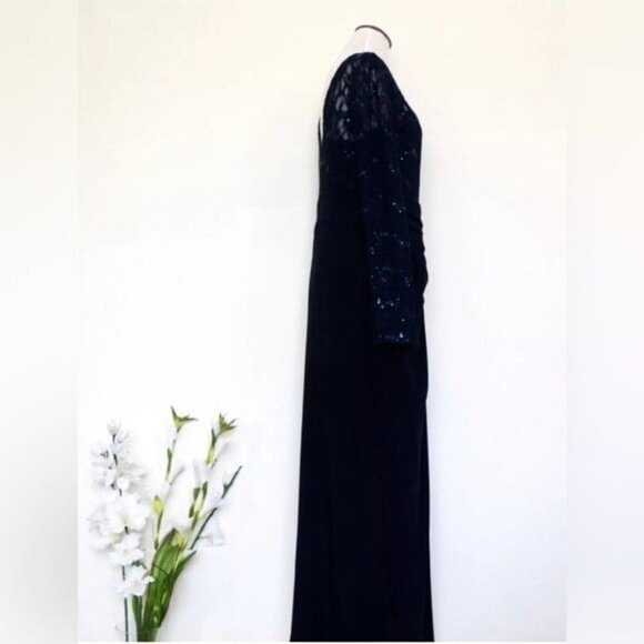 Lauren Ralph Lauren Evening Sequin Lace Maxi Dress Gown Navy Blue SZ 10 - Picture 5 of 7